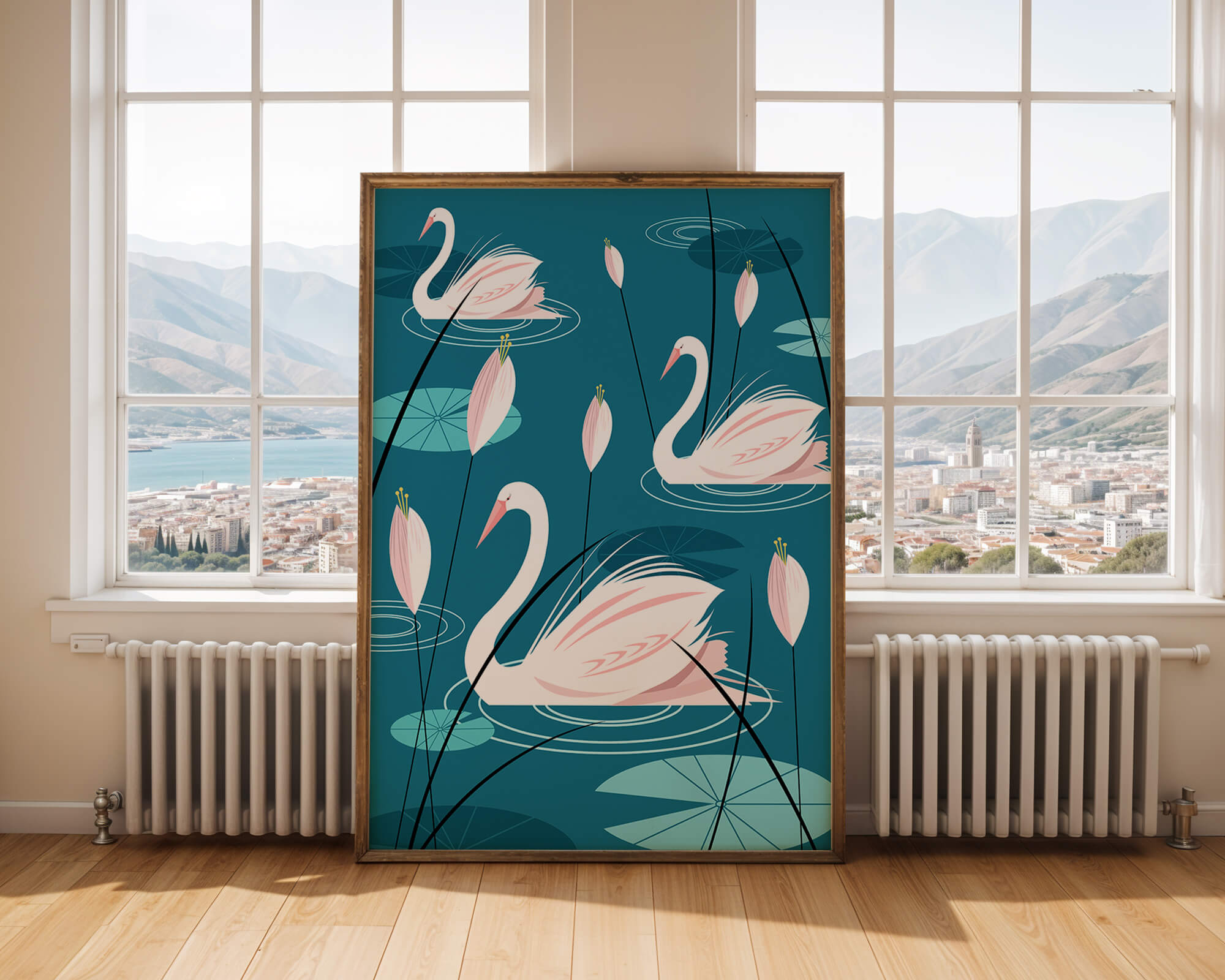 Serene illustration of swans gracefully gliding on a pond with lily pads