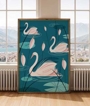 Serene illustration of swans gracefully gliding on a pond with lily pads