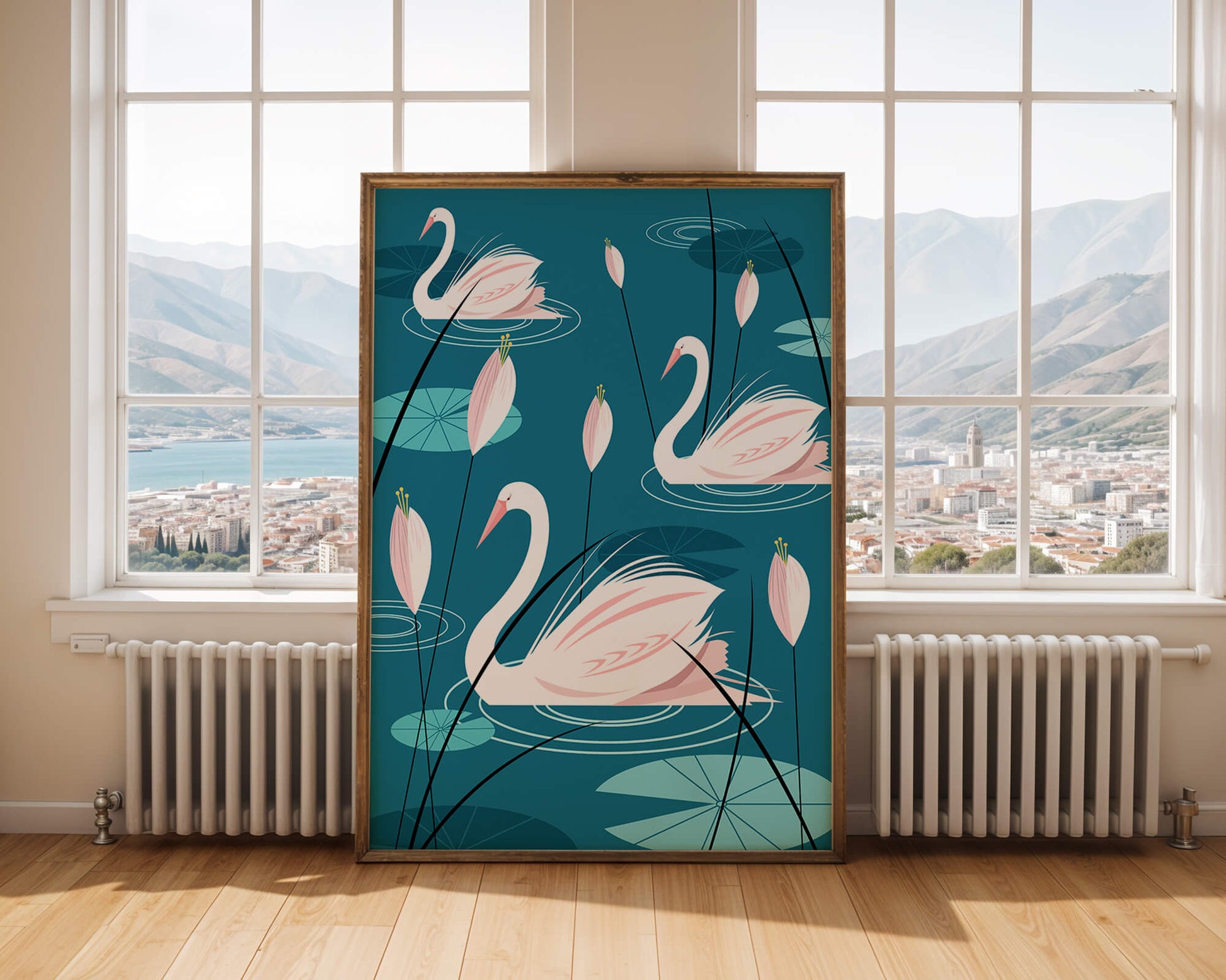 Serene illustration of swans gracefully gliding on a pond with lily pads