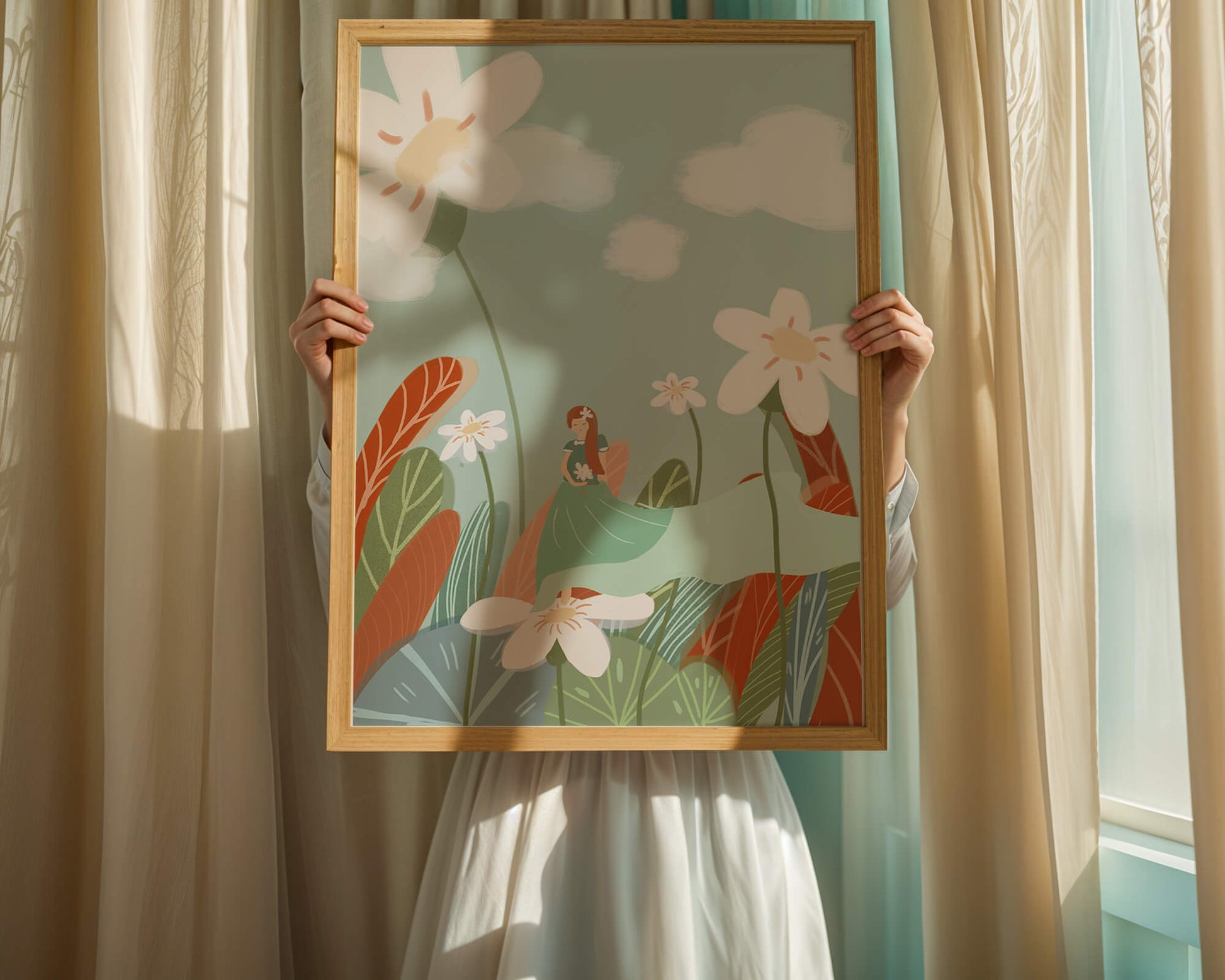 Whimsical garden scene with woman in a floral wonderland