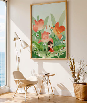 Encantador jardín floral con ilustración de niño caprichoso