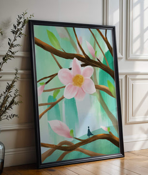 Obra floral serena con una gran flor rosa en las ramas de un árbol