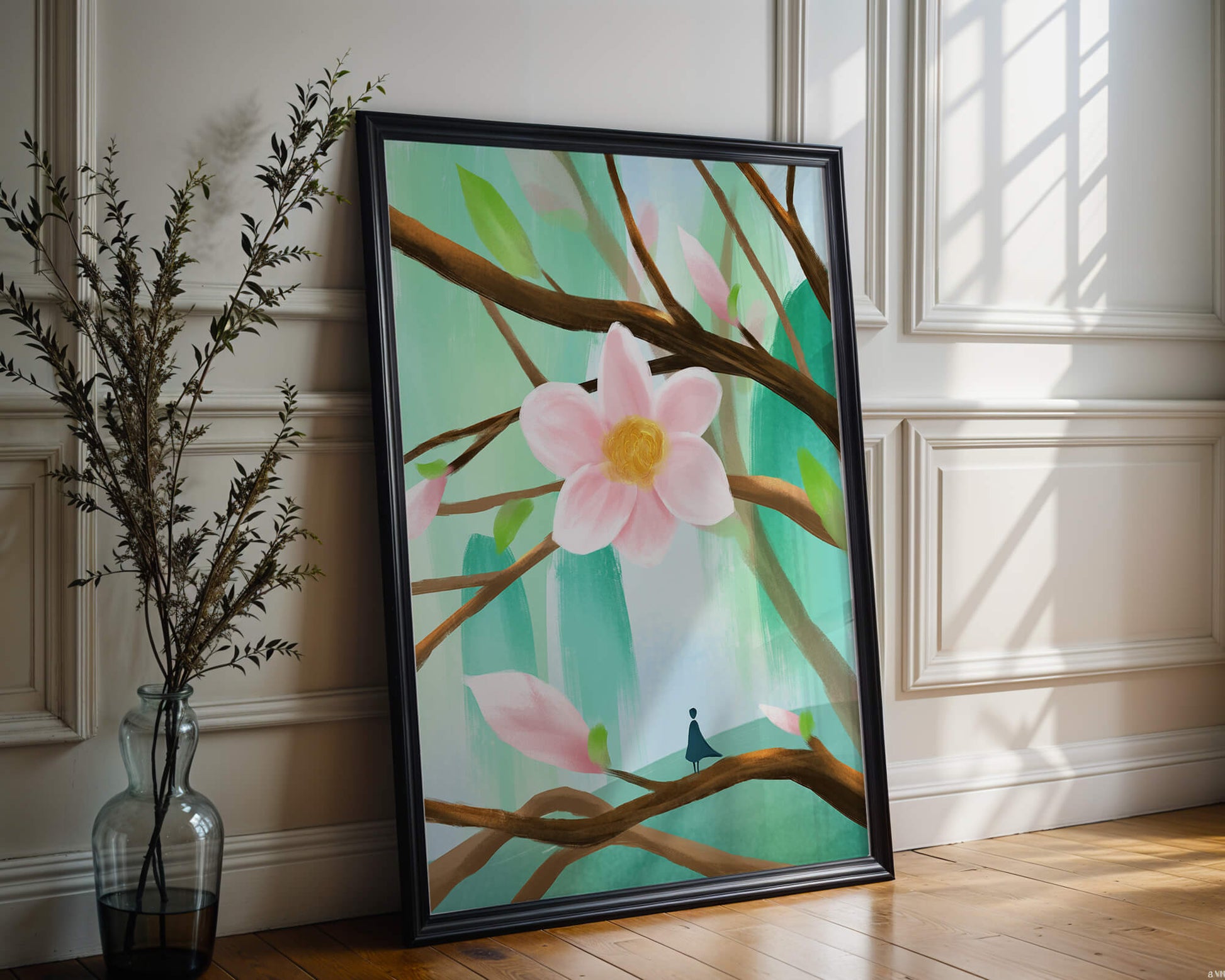 Serene floral artwork with large pink flower on tree branches