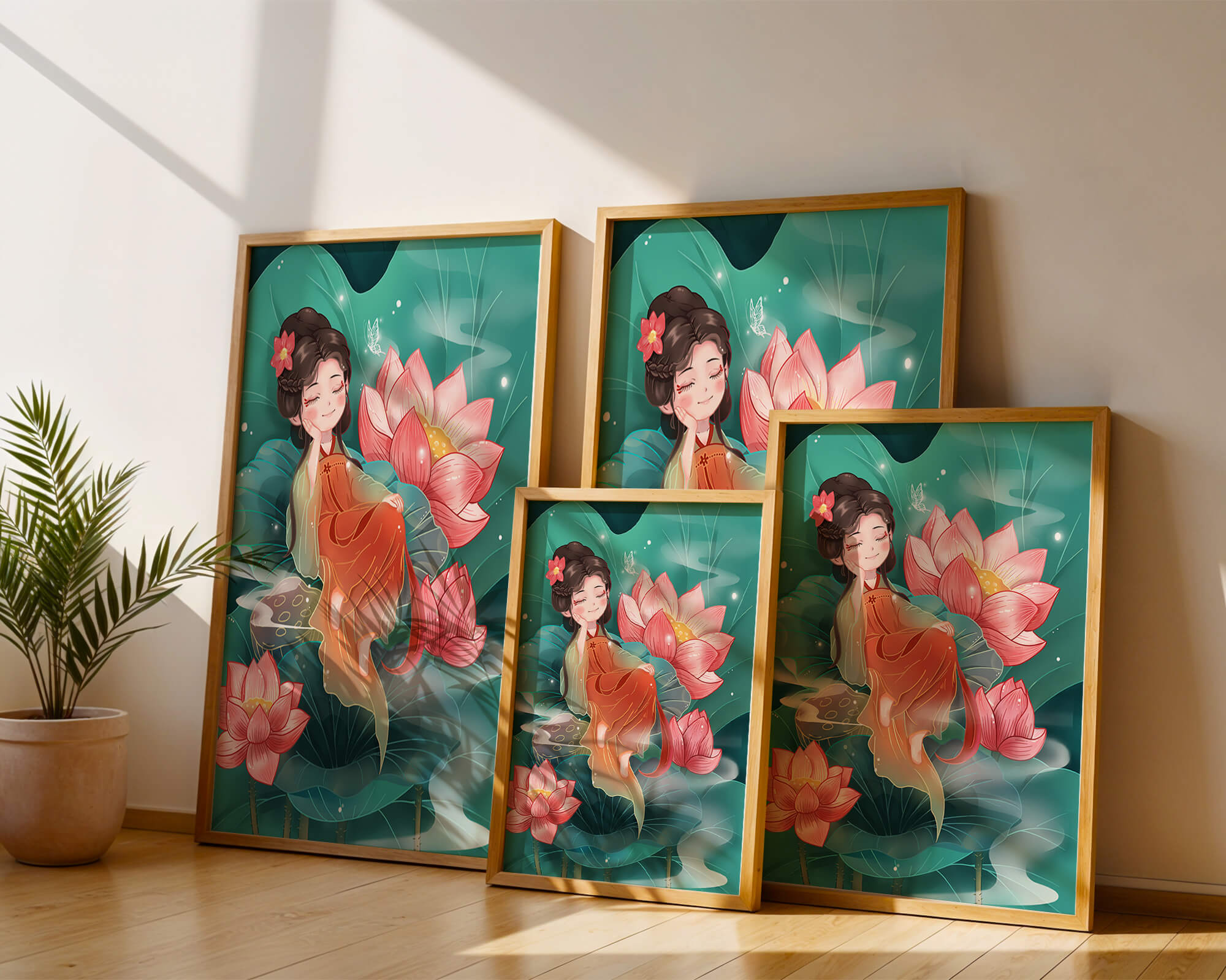 Charming illustration of a girl resting amidst lotus flowers