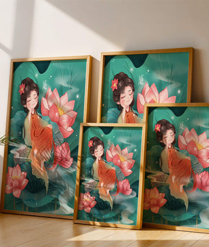 Charmante illustration d'une fille se reposant parmi des fleurs de lotus