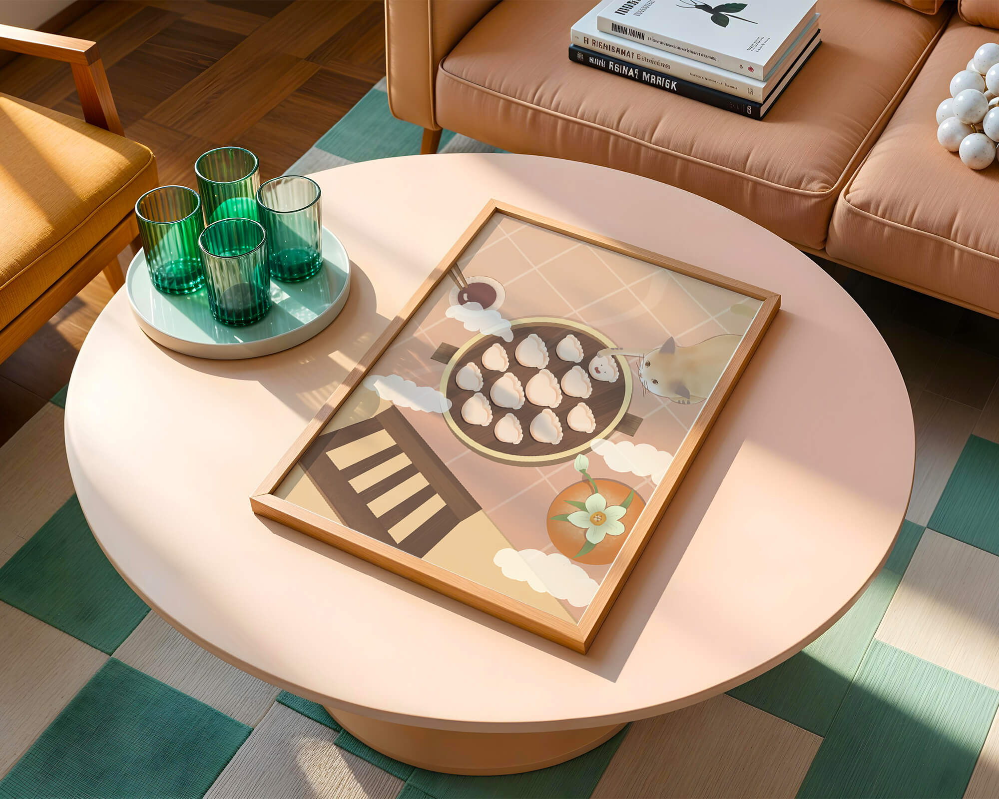 Cat reaching for dumplings on a pink tiled table with orange and chopsticks
