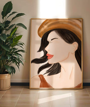 Stylized portrait of a woman in a hat with flowing hair