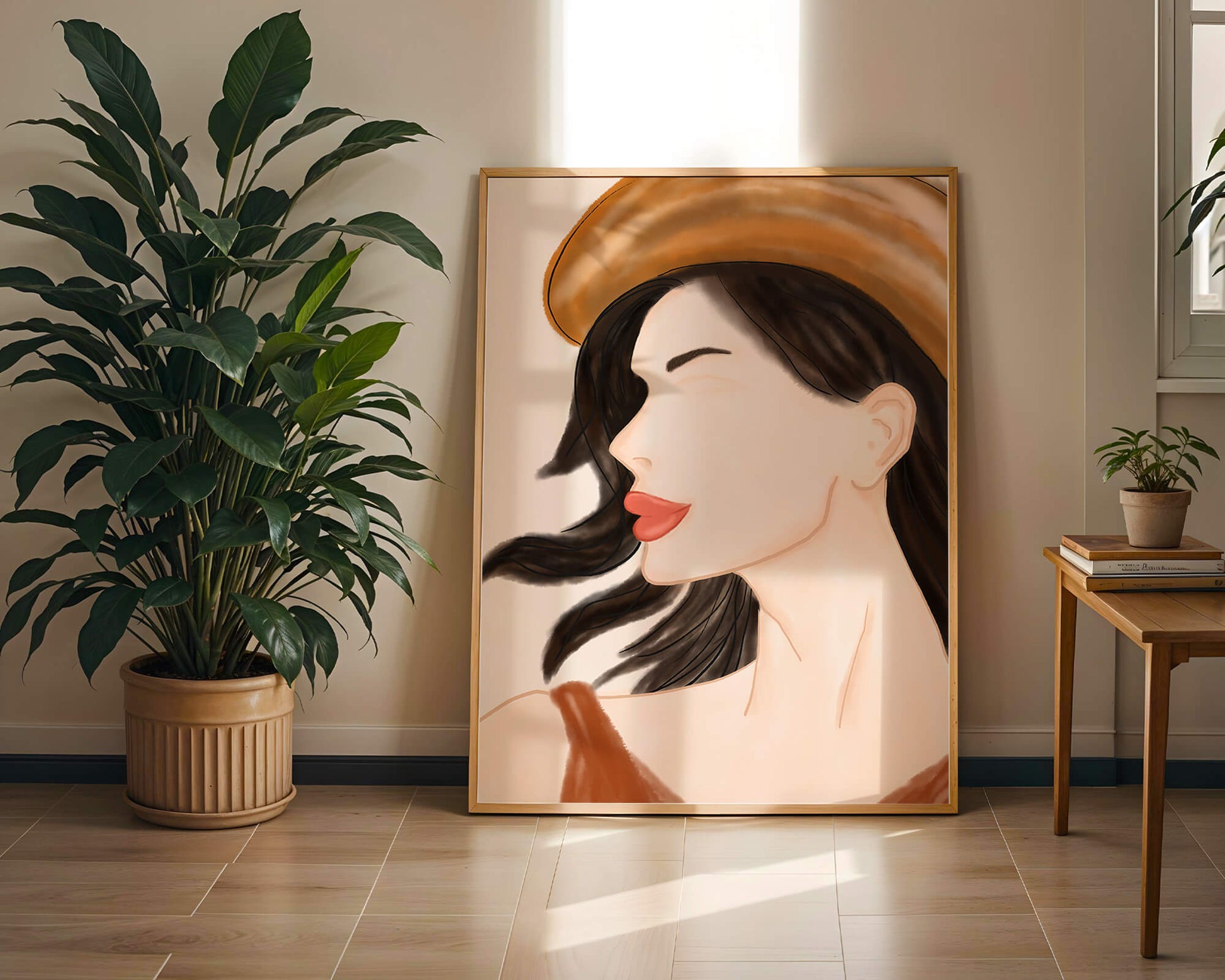 Stylized portrait of a woman in a hat with flowing hair