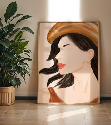 Stylized portrait of a woman in a hat with flowing hair