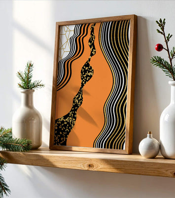 Artistic abstract design with wavy black lines and golden accents
