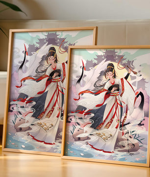 Elegant Asian Artistry with a Crane and Traditional Attire