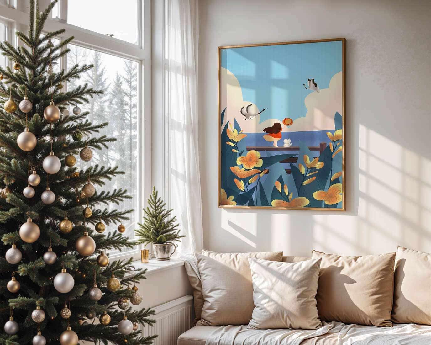 Serene seaside scene with girl, cat, and birds in nature