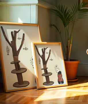 Illustration of a cat tree with a thoughtful cat in a sweater