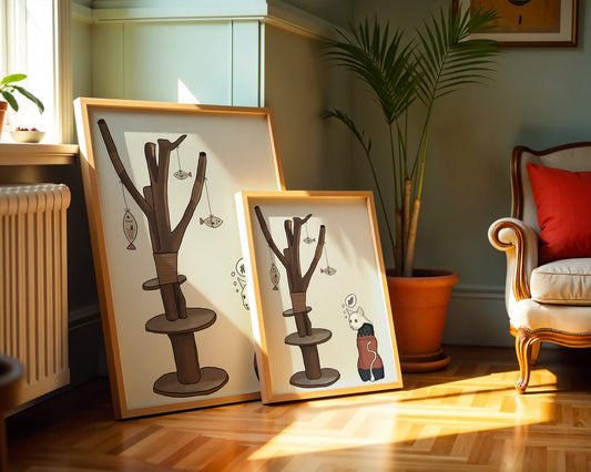 Illustration of a cat tree with a thoughtful cat in a sweater