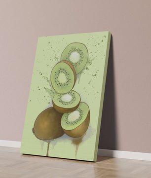Watercolor illustration of sliced kiwi fruit with splashes