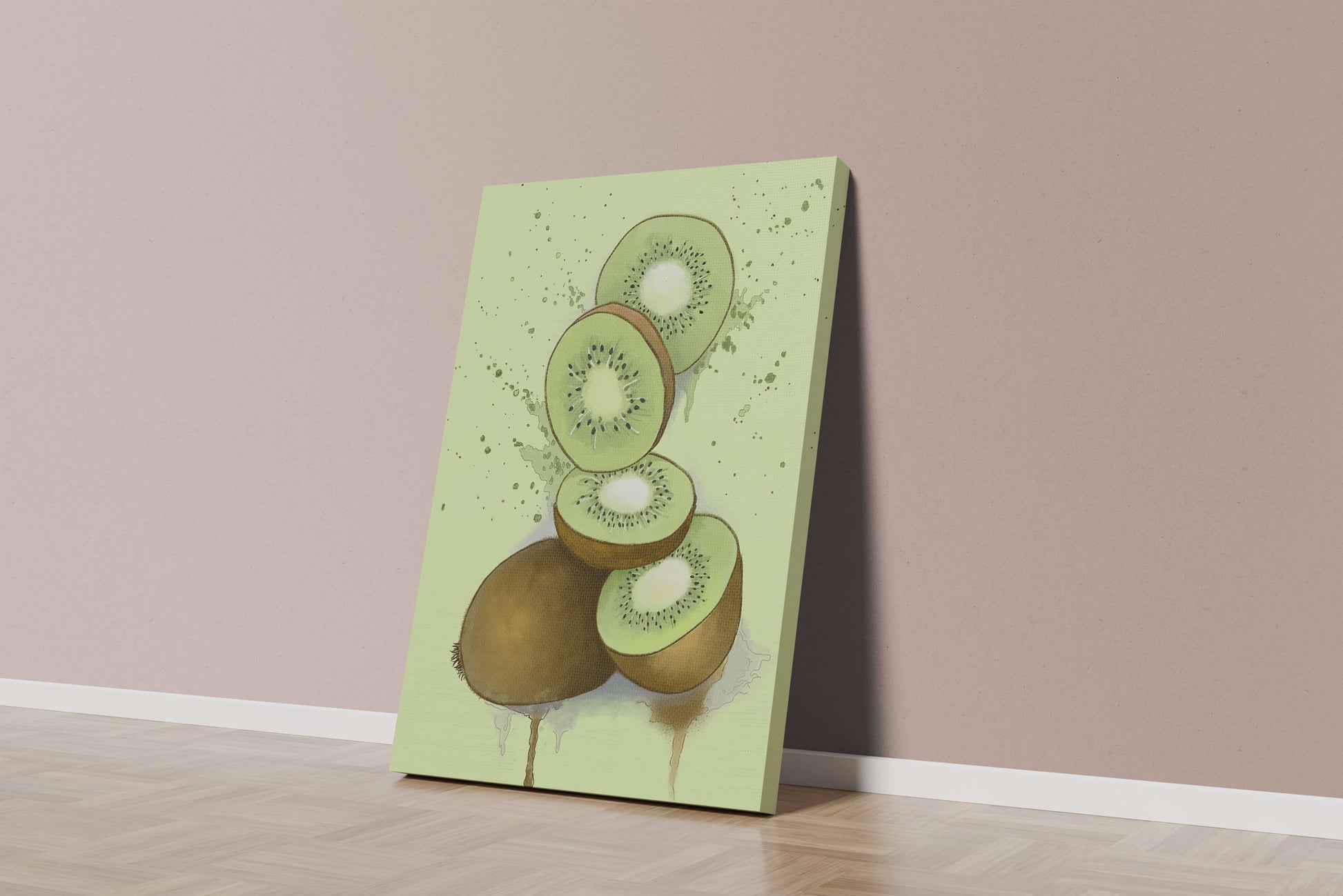 Watercolor illustration of sliced kiwi fruit with splashes