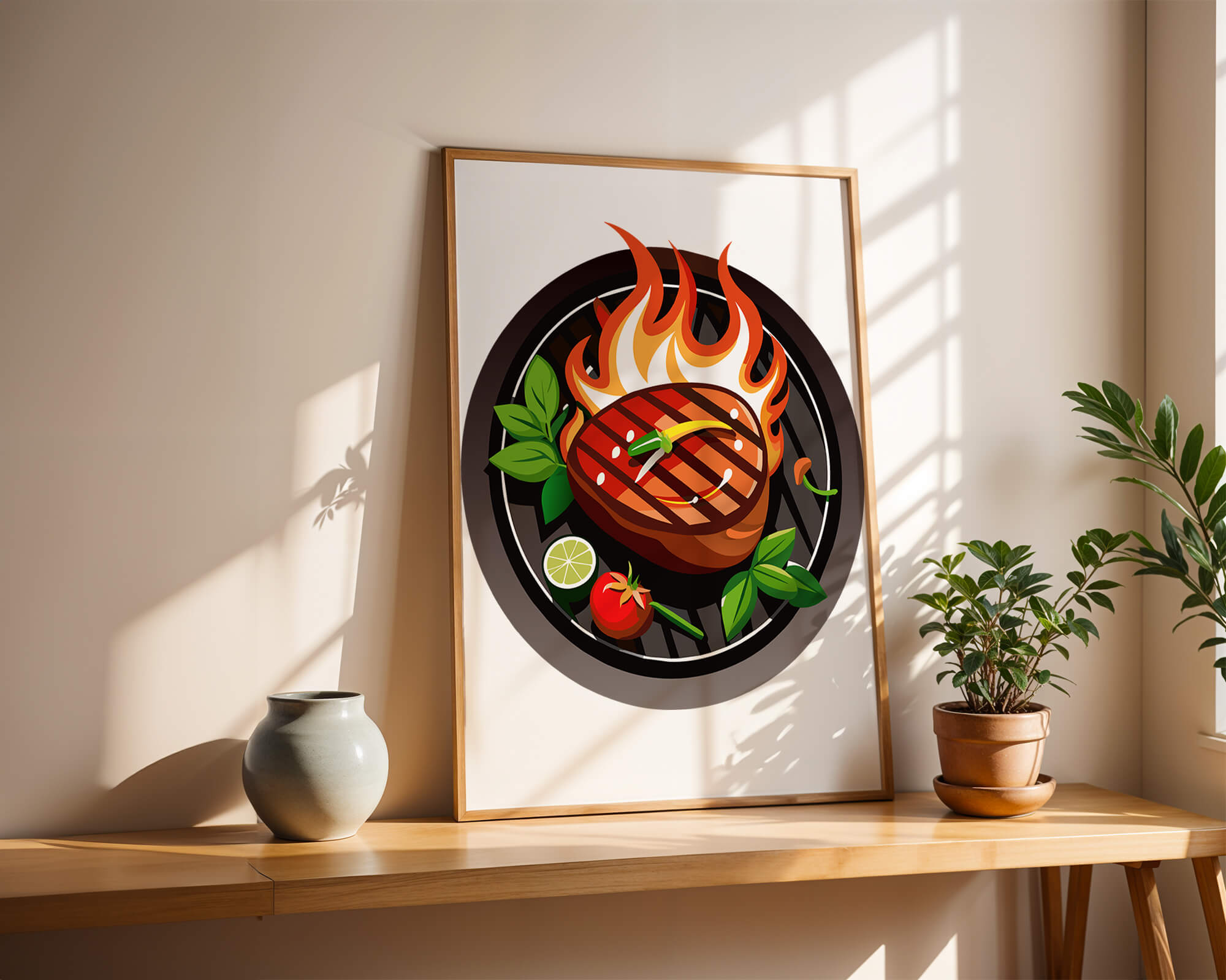 Illustrated grilled steak on a barbecue with vegetables and flames
