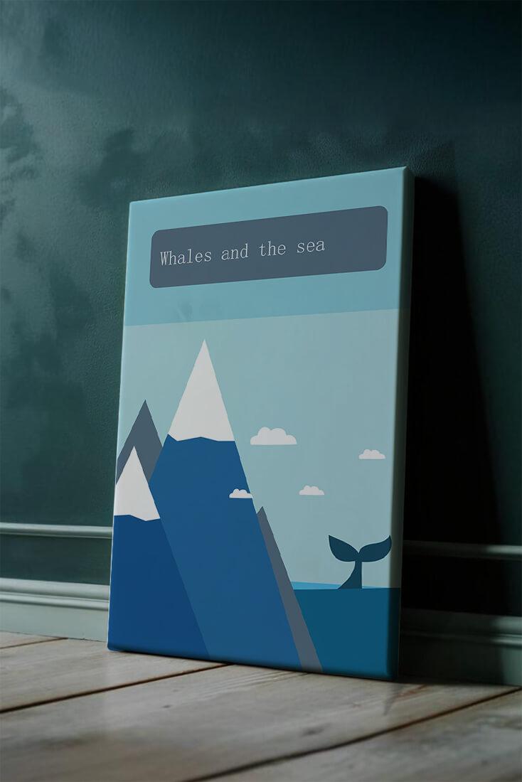 Whale and mountain illustration with sea and sky background