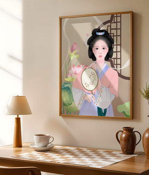 Elegant traditional Asian woman in pastel attire with floral background