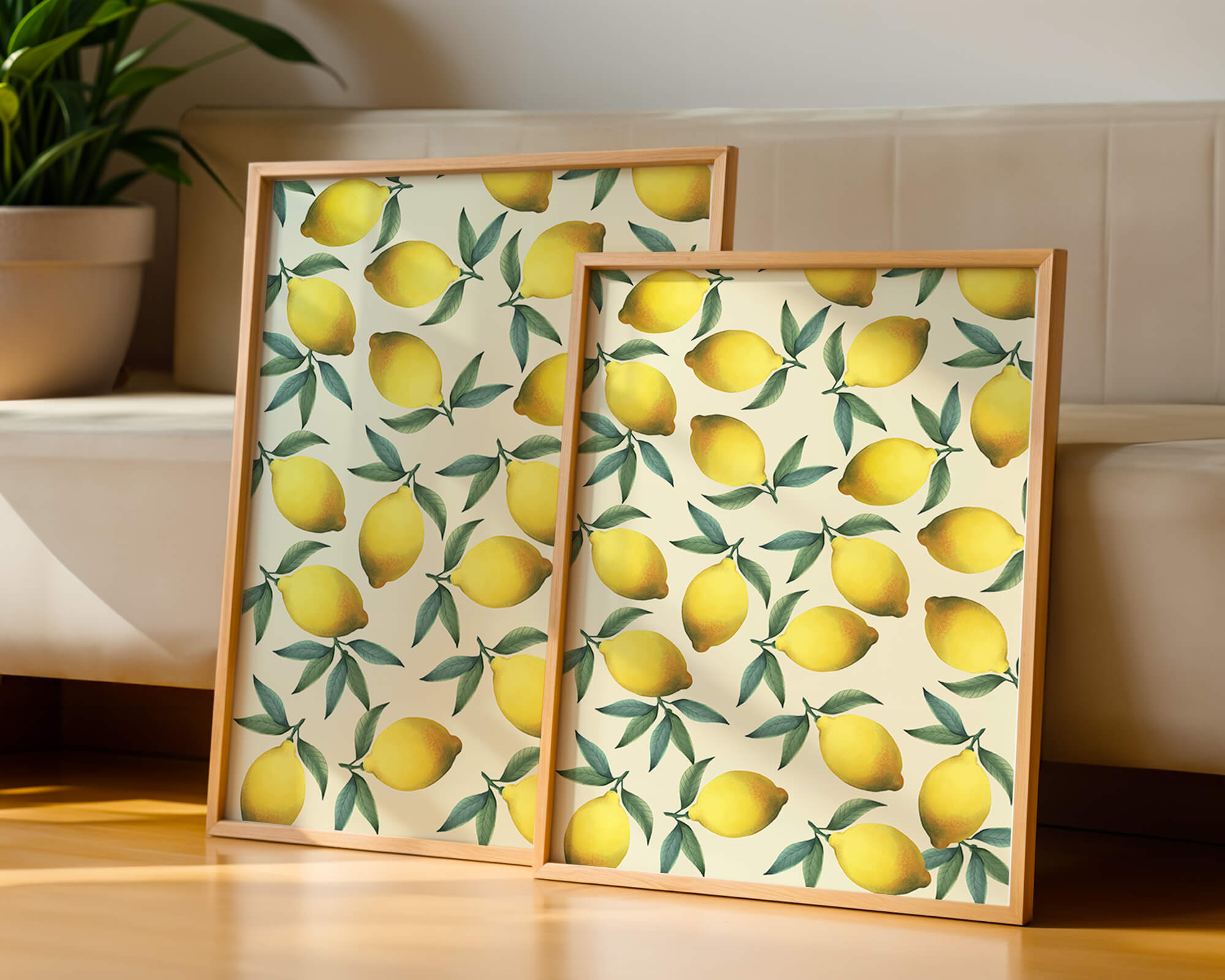Vibrant lemon pattern with green leaves on a light background