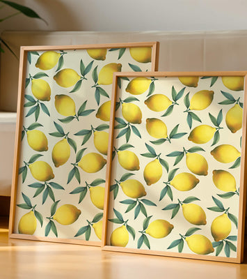 Vibrant lemon pattern with green leaves on a light background