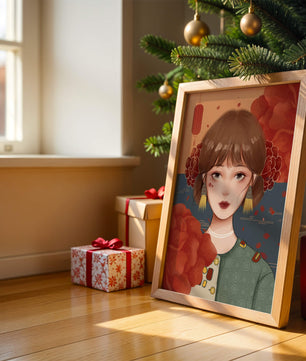 Digital art of a girl with floral and lantern elements