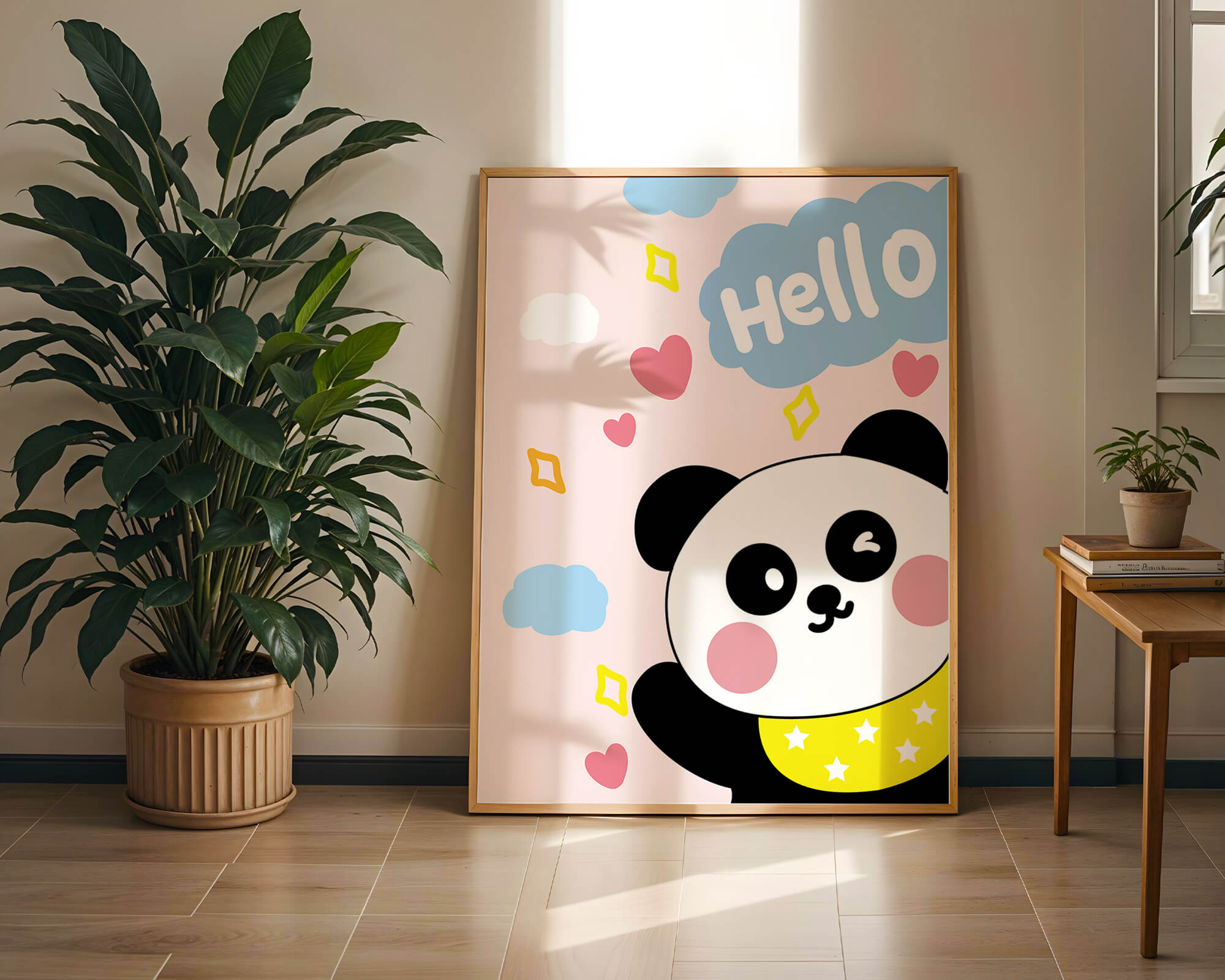 Panda illustration with playful elements and pastel colors