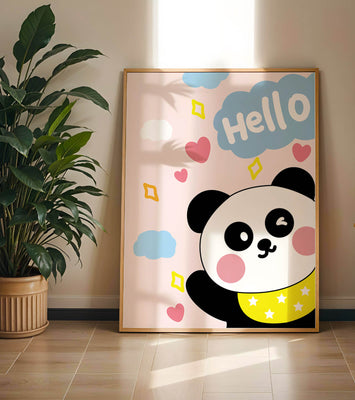 Panda illustration with playful elements and pastel colors