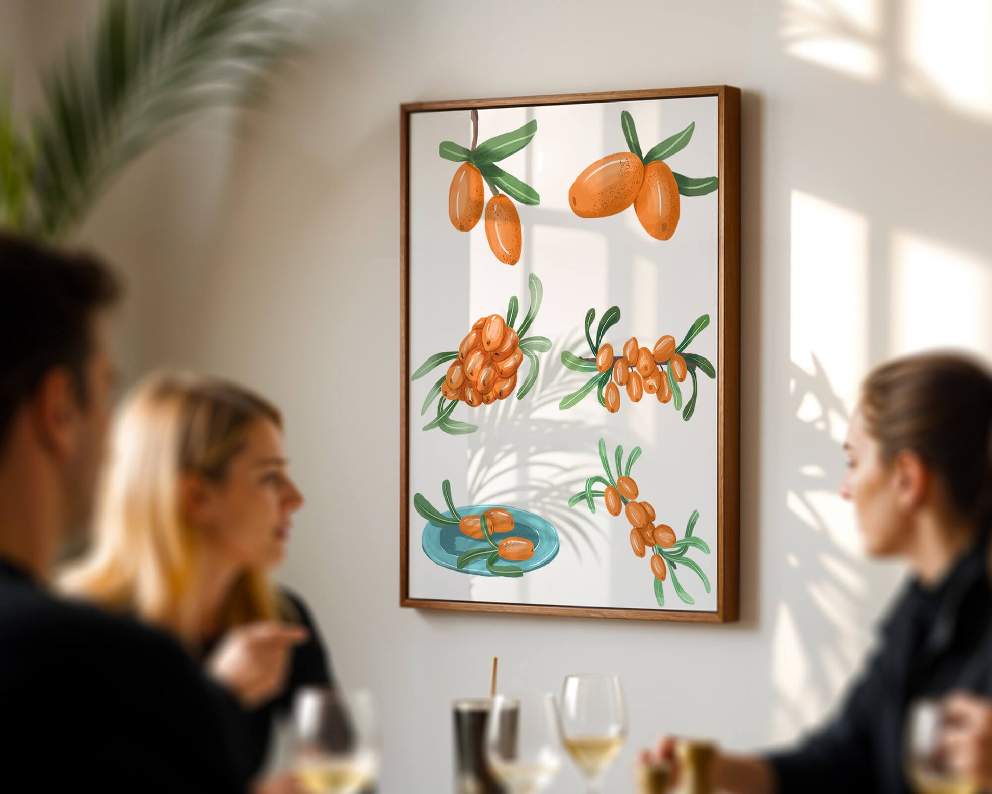 Illustrations of seabuckthorn berries with green leaves