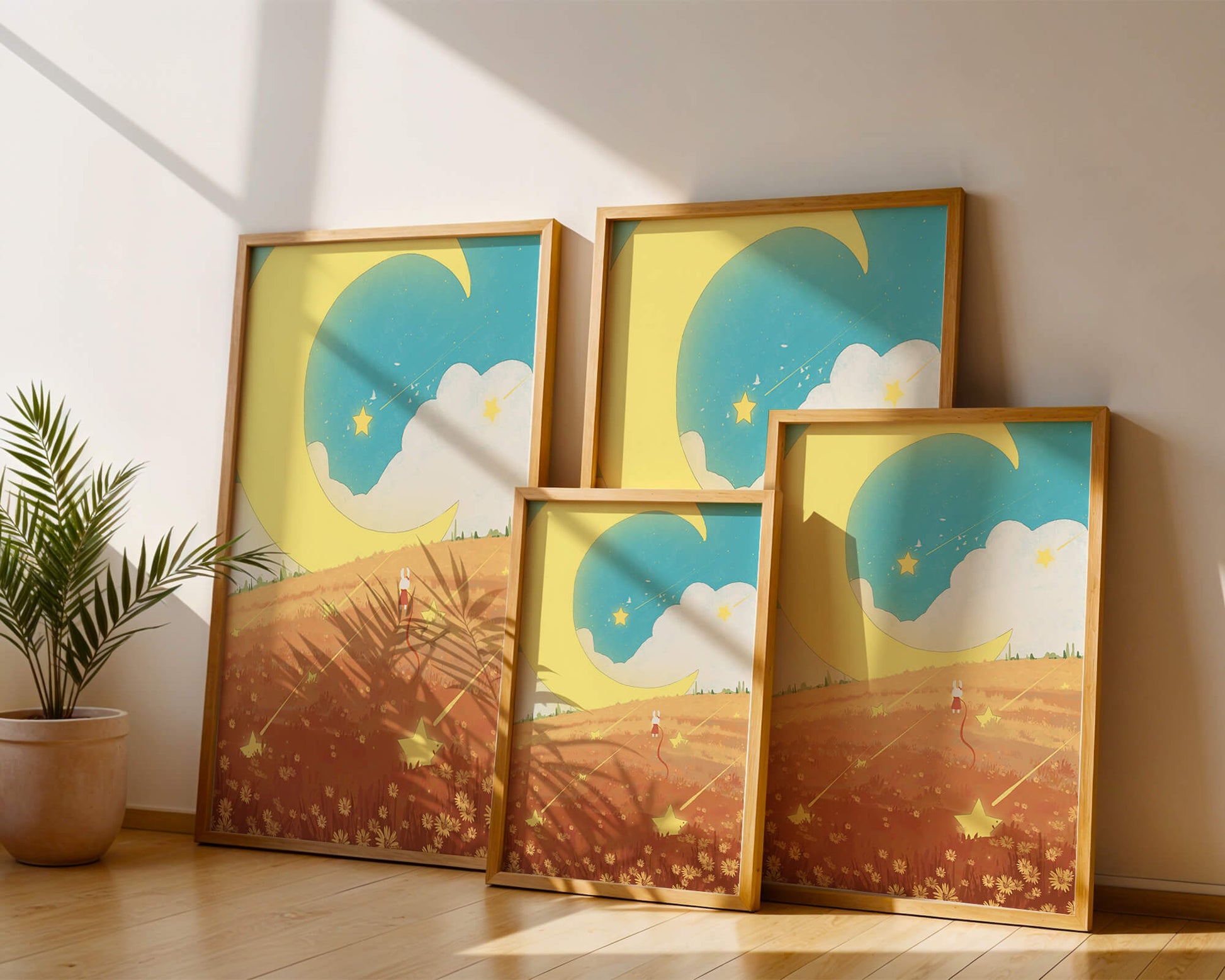 Dreamy Nighttime Landscape with Moon and Stars in a Field