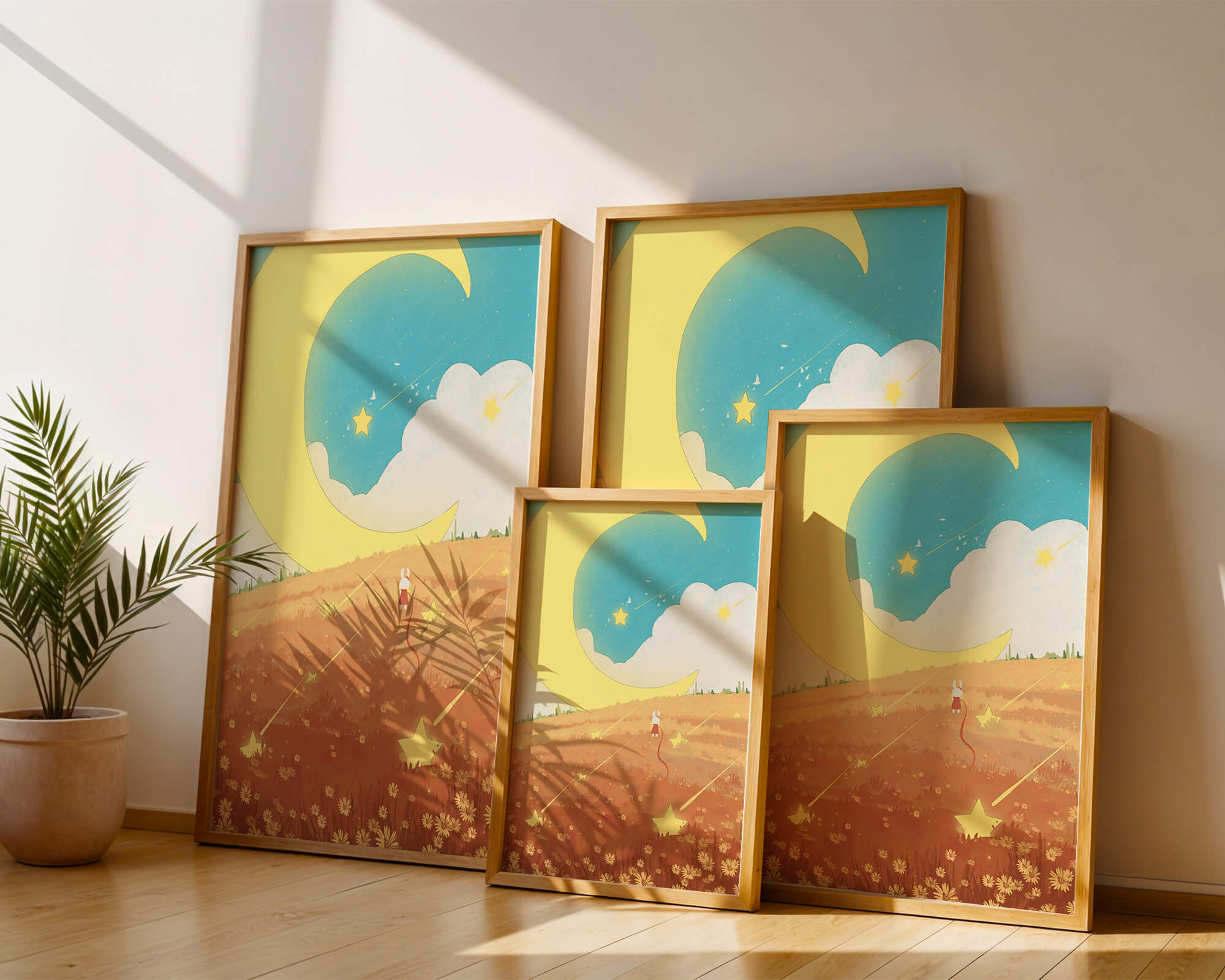 Dreamy Nighttime Landscape with Moon and Stars in a Field