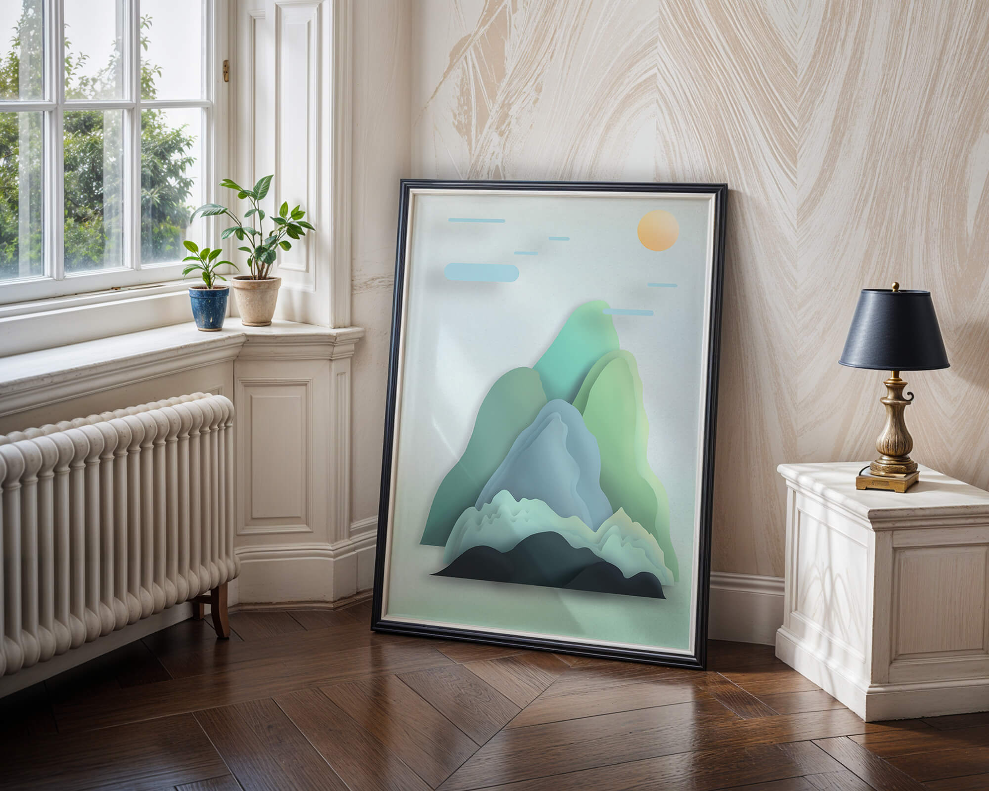 Minimalistic mountain landscape with vibrant colors and abstract layers