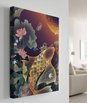 Bunte Koi-Fische mit Lotusblumen und Schmetterlingen bei Sonnenuntergang