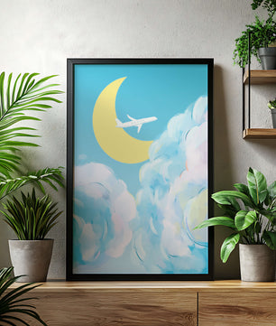 Ilustración de cielo panorámico con avión y luna creciente