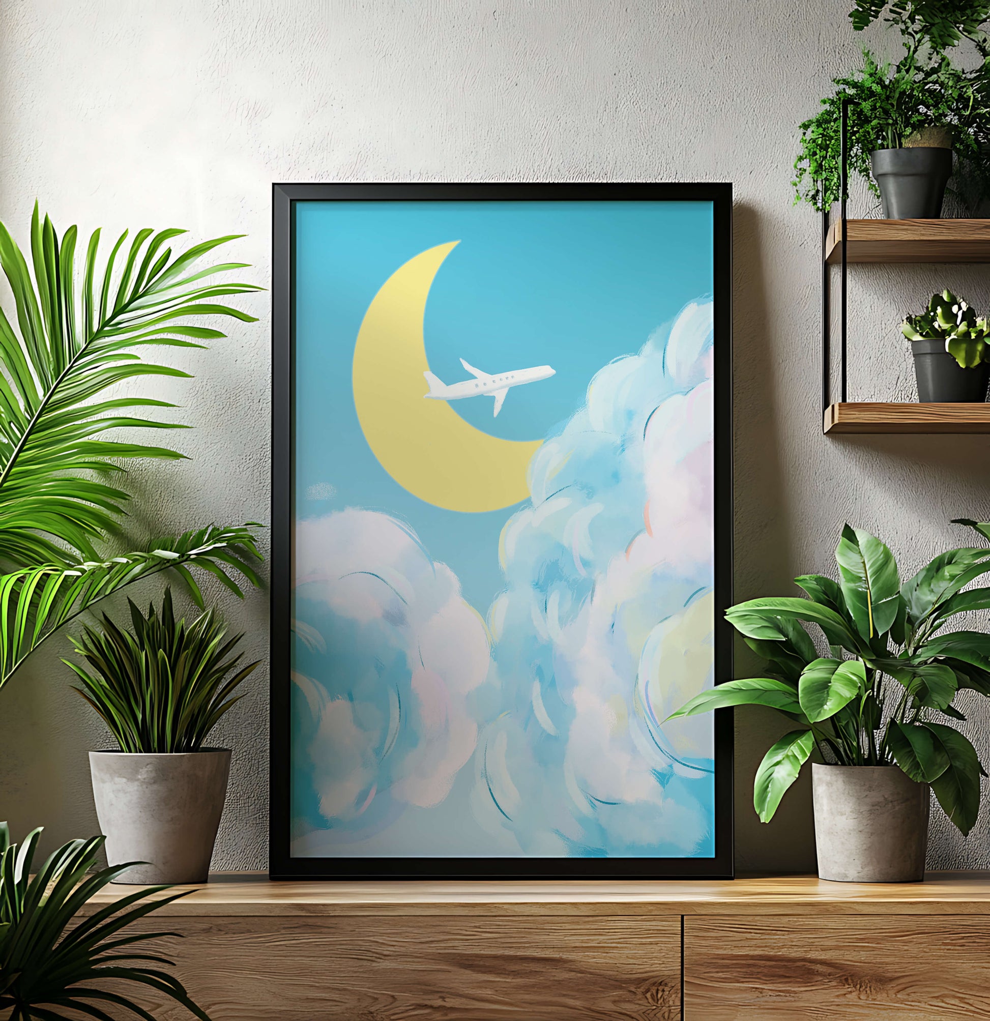 Scenic sky illustration with airplane and crescent moon