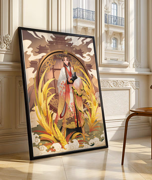 Elegant woman in traditional attire amidst golden wheat field and oriental architecture