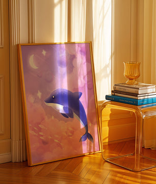 Dreamlike underwater scene with dolphin and moonlit sky