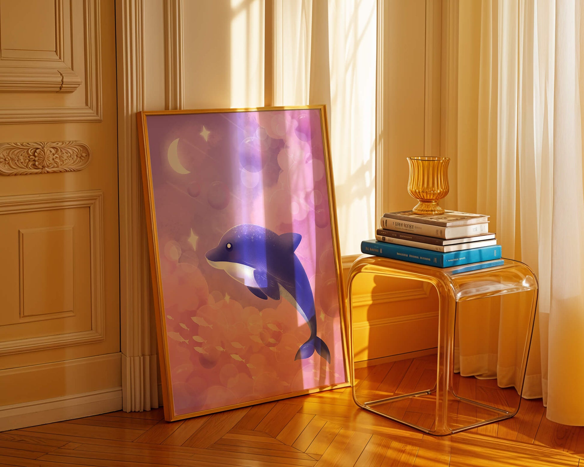 Dreamlike underwater scene with dolphin and moonlit sky