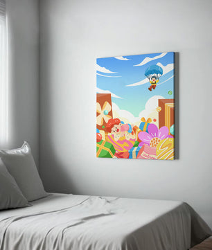 Colorful illustration with presents and children playing under a blue sky