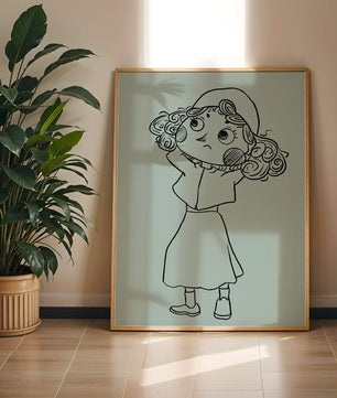 Hand-Drawn Illustration of a Thoughtful Cartoon Character with Curly Hair and a Beanie