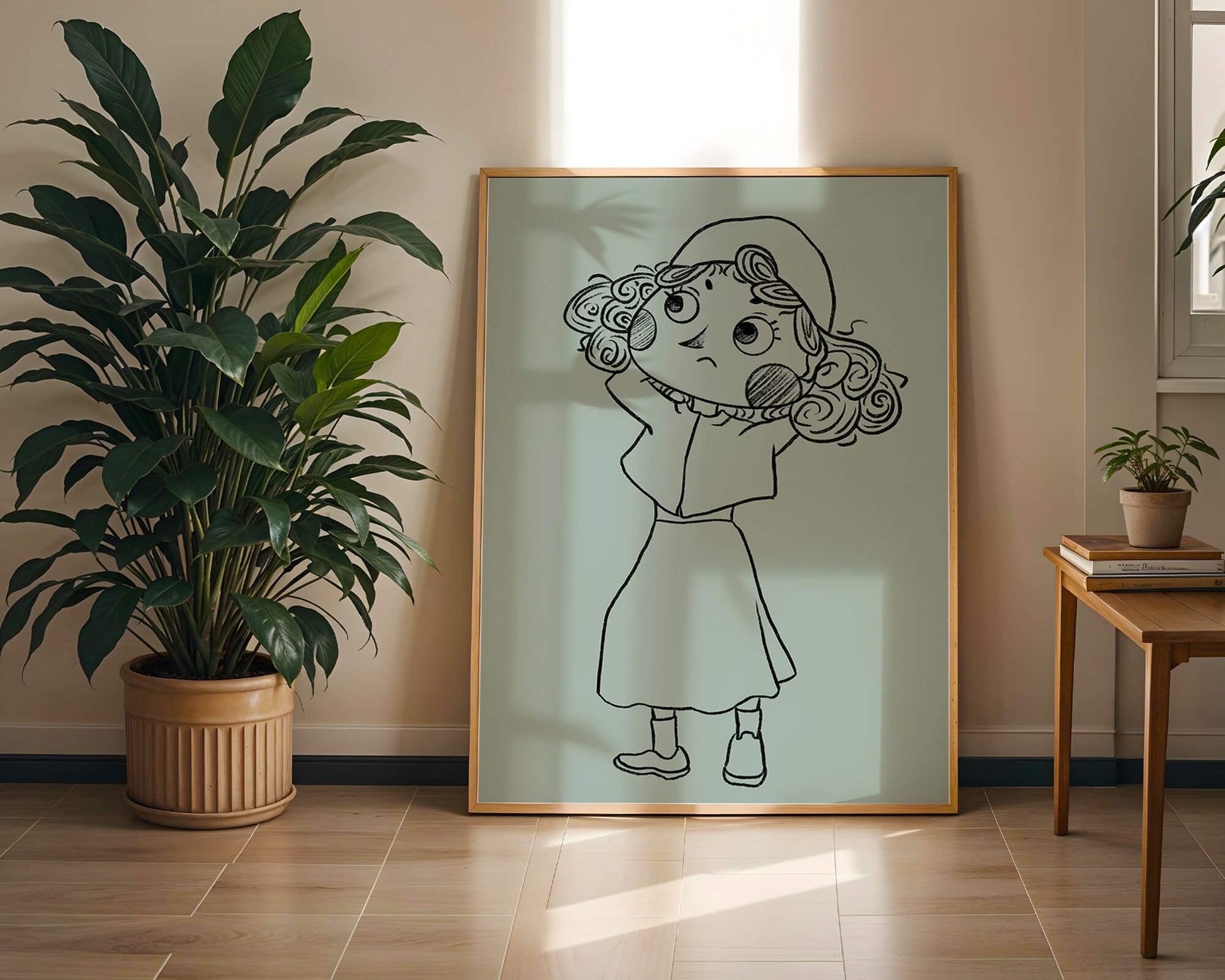 Ilustración a mano de un personaje de dibujos animados pensativo con cabello rizado y gorro