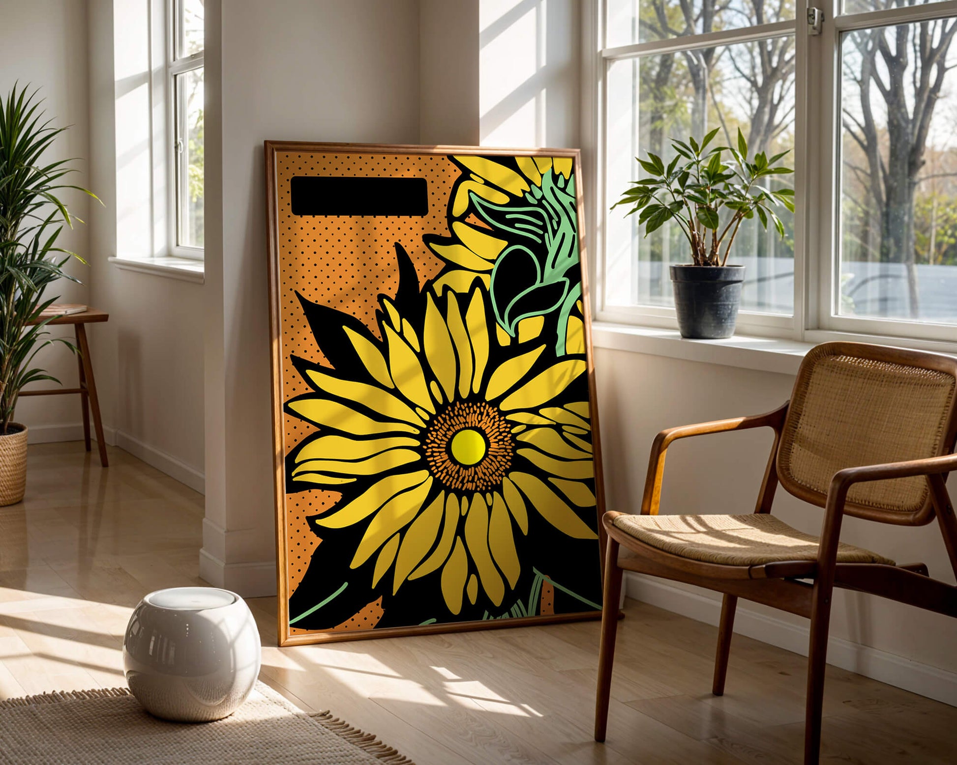 Colorful sunflower illustration with bold lines and dots