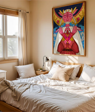 Surreal illustration of a mystical creature with golden horns and vibrant elements