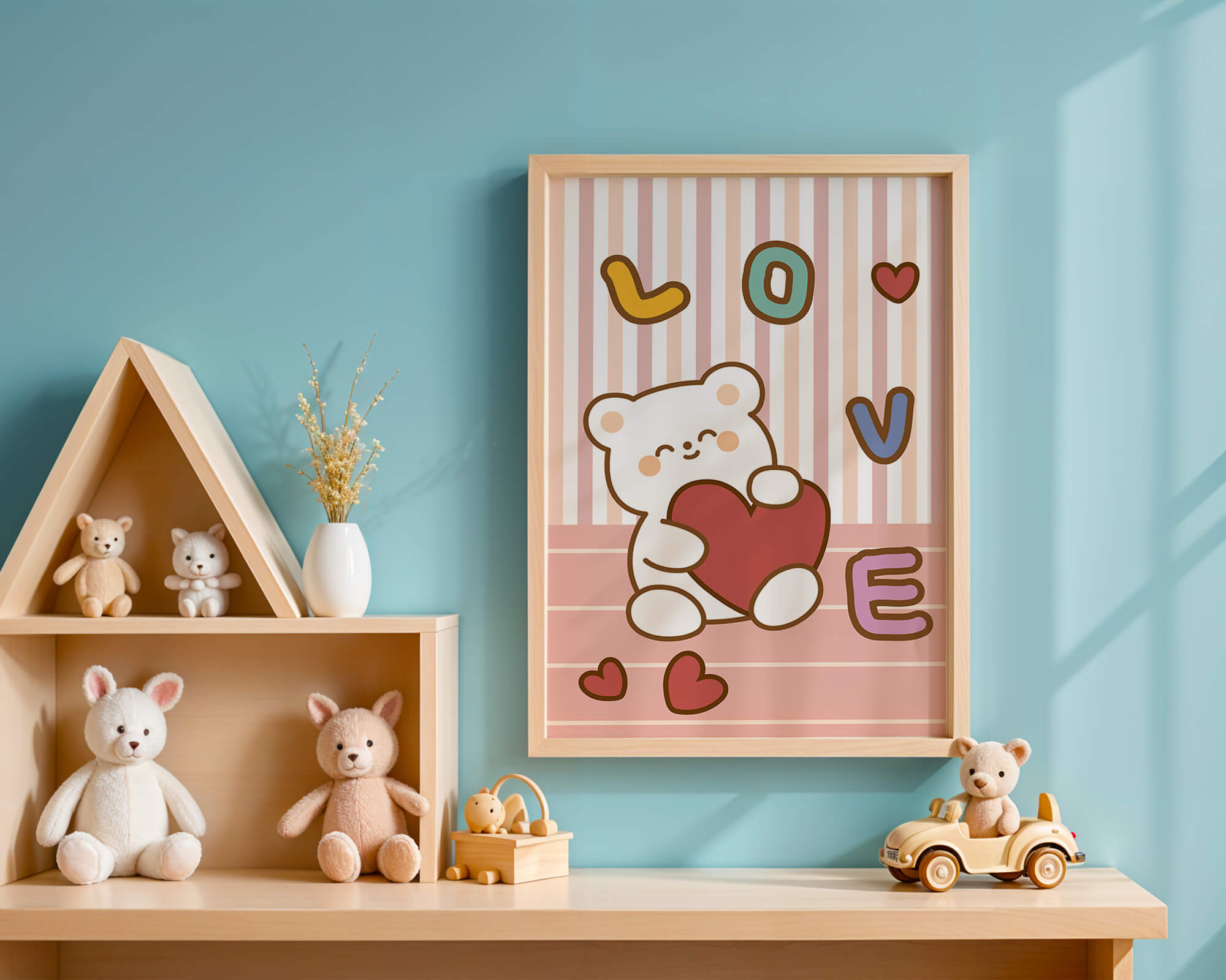 Adorable bear holding a heart in a playful love-themed illustration