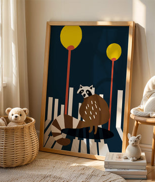 Raccoon Illustration with Urban Street Lamps and Geometric Design
