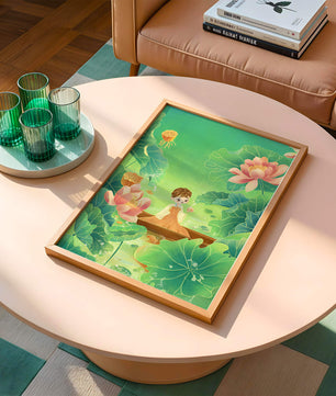 Serene illustration with girl among lotus flowers and green leaves
