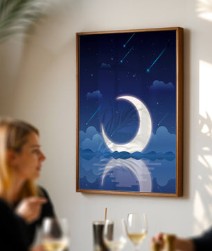 Serene night sky with crescent moon reflecting on water
