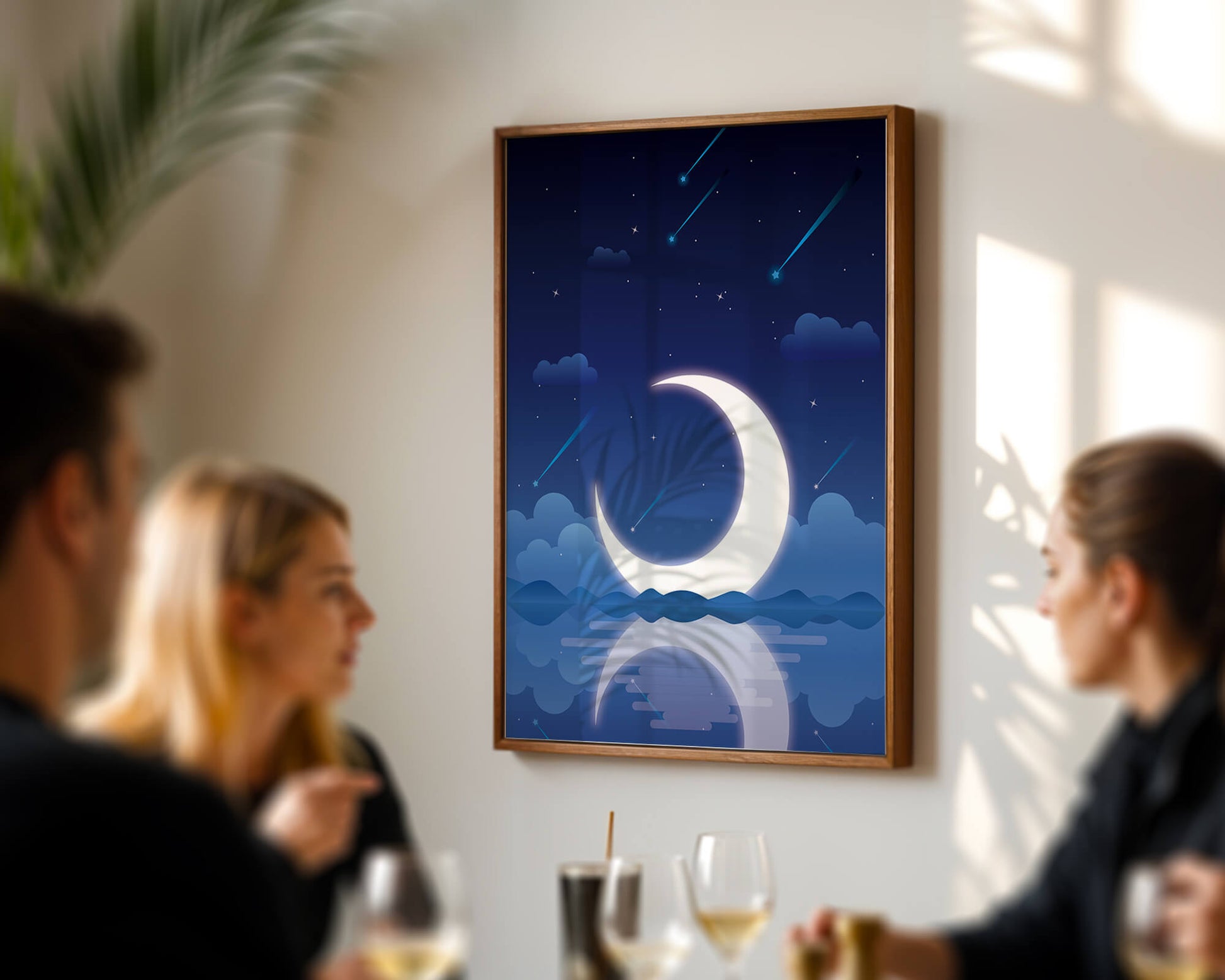 Serene night sky with crescent moon reflecting on water