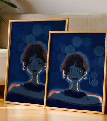 Illustration of a woman with bokeh lights and stylish earrings
