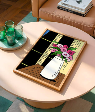 Abstract illustration of flowers in a vase on a wooden table